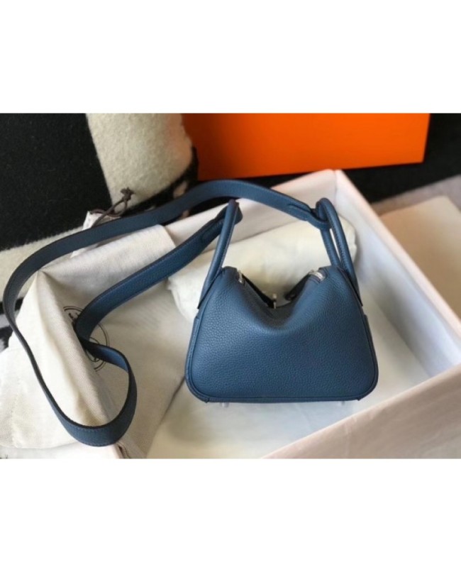 Hermes Lindy Mini Bag In Blue Agate Clemence Calfskin