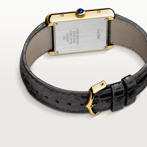 TANK SOLO watch Small model, quartz movement, 18K yellow gold and stainless steel, leather strap