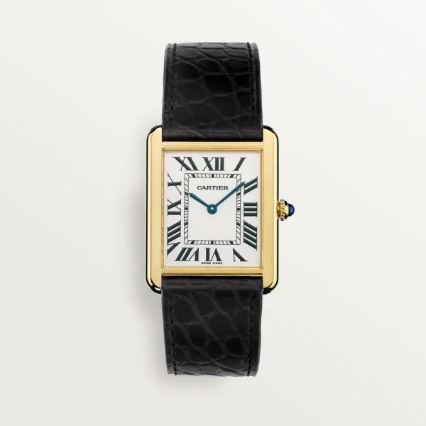 TANK SOLO watch Large model, quartz movement, 18K yellow gold, stainless steel, leather strap