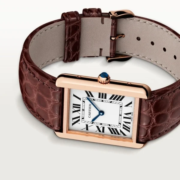 TANK SOLO watch Large model, quartz movement, 18K rose gold and stainless steel, leather strap