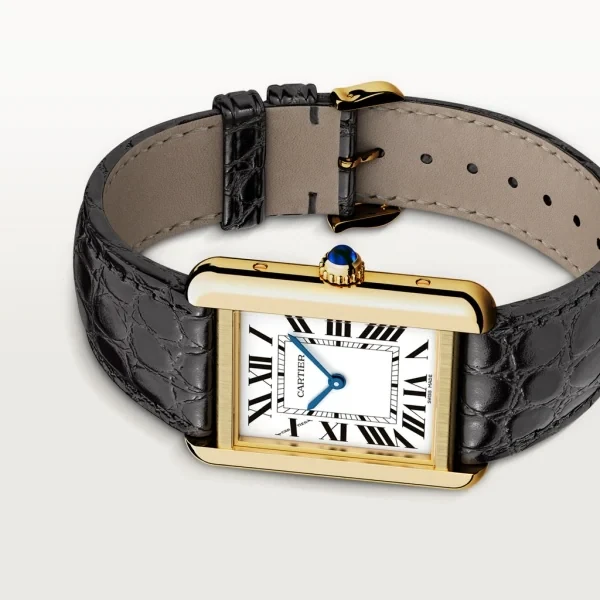 TANK SOLO watch Small model, quartz movement, 18K yellow gold and stainless steel, leather strap