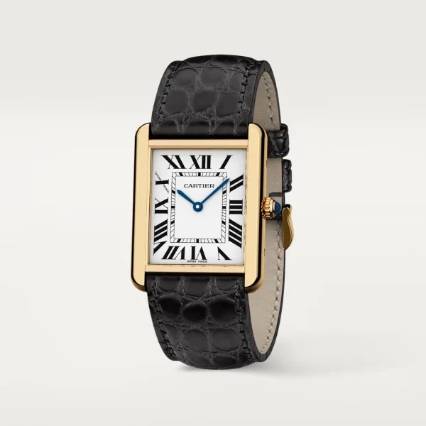 TANK SOLO watch Large model, quartz movement, 18K yellow gold, stainless steel, leather strap