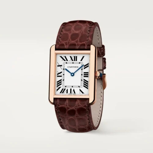 TANK SOLO watch Large model, quartz movement, 18K rose gold and stainless steel, leather strap