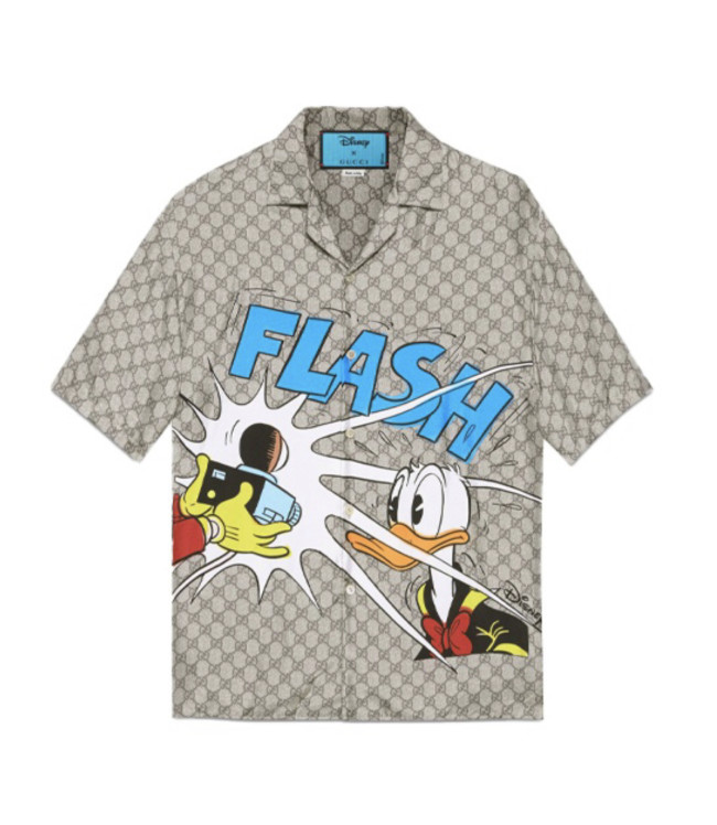 GUCCIxDisney joint SS21 Donald Duck print Men's camel silk short-sleeved shirt
