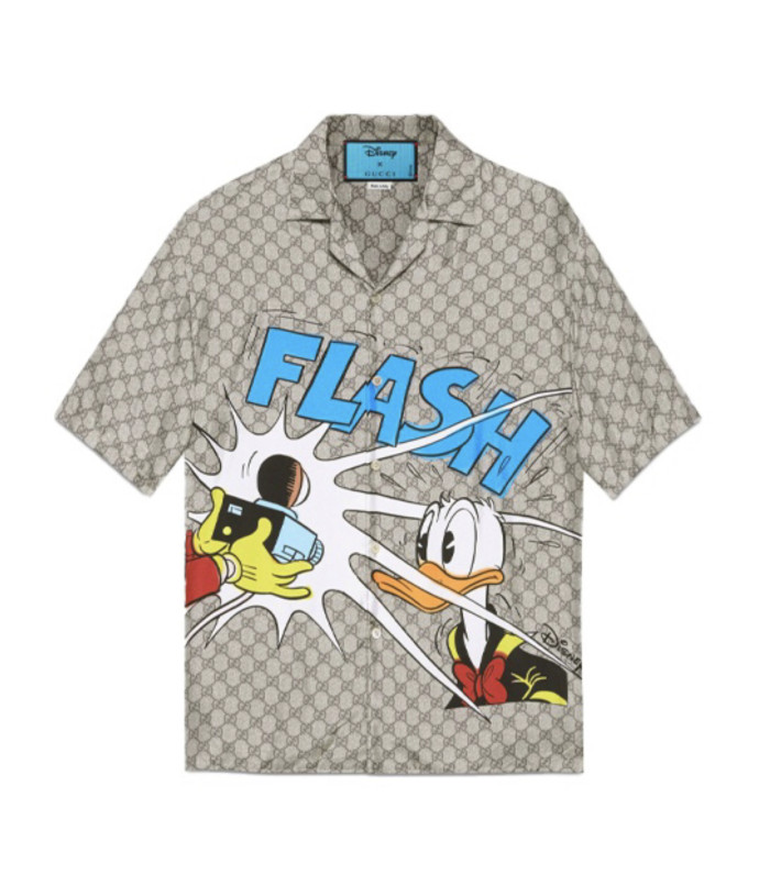 GUCCIxDisney joint SS21 Donald Duck print Men's camel silk short-sleeved shirt
