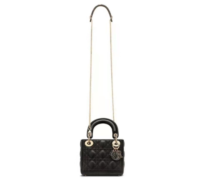 Dior LADY DIOR Handbag Sheep Leather Rattan Plaid Dia Concubine Bag Women's Black 17*15*7cm