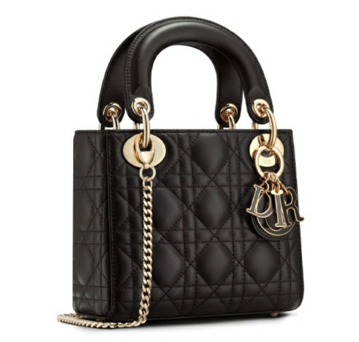 Dior LADY DIOR Handbag Sheep Leather Rattan Plaid Dia Concubine Bag Women's Black 17*15*7cm