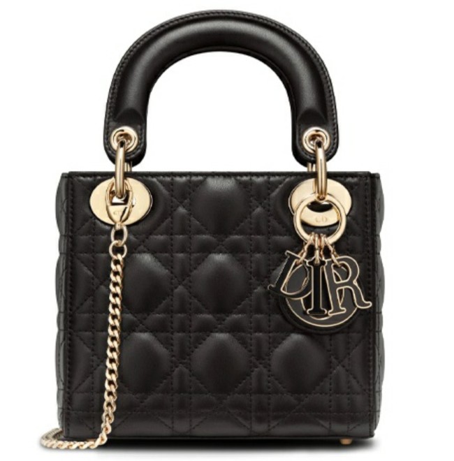 Dior LADY DIOR Handbag Sheep Leather Rattan Plaid Dia Concubine Bag Women's Black 17*15*7cm