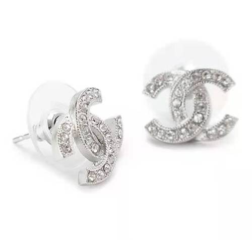 Chanel Classic Logo Inlaid Crystal Earrings Women's Silver