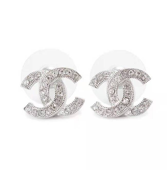 Chanel Classic Logo Inlaid Crystal Earrings Women's Silver