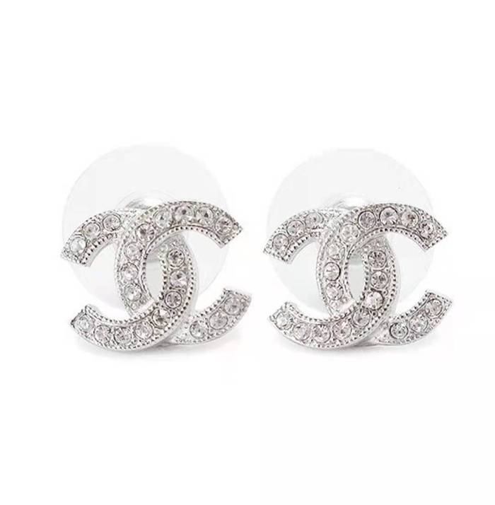 Chanel Classic Logo Inlaid Crystal Earrings Women's Silver