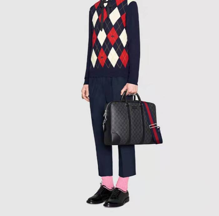 GUCCI Presbyopia Logo Striped Webbing Canvas Briefcase