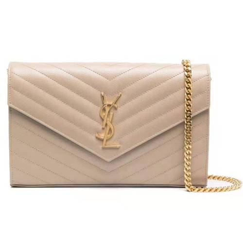 SAINT LAURENT Gold Logo Quilted Embossed Women's Dark Beige