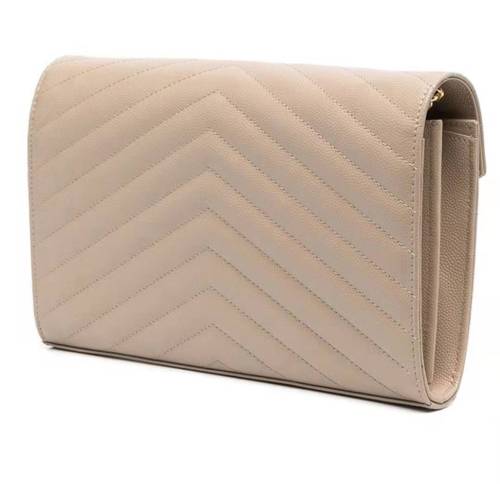 SAINT LAURENT Gold Logo Quilted Embossed Women's Dark Beige