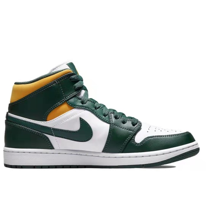 Air Jordan1Mid Retro Basketball Shoes White Green Yellow Seattle SuperSonics