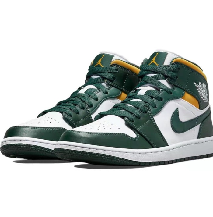 Air Jordan1Mid Retro Basketball Shoes White Green Yellow Seattle SuperSonics