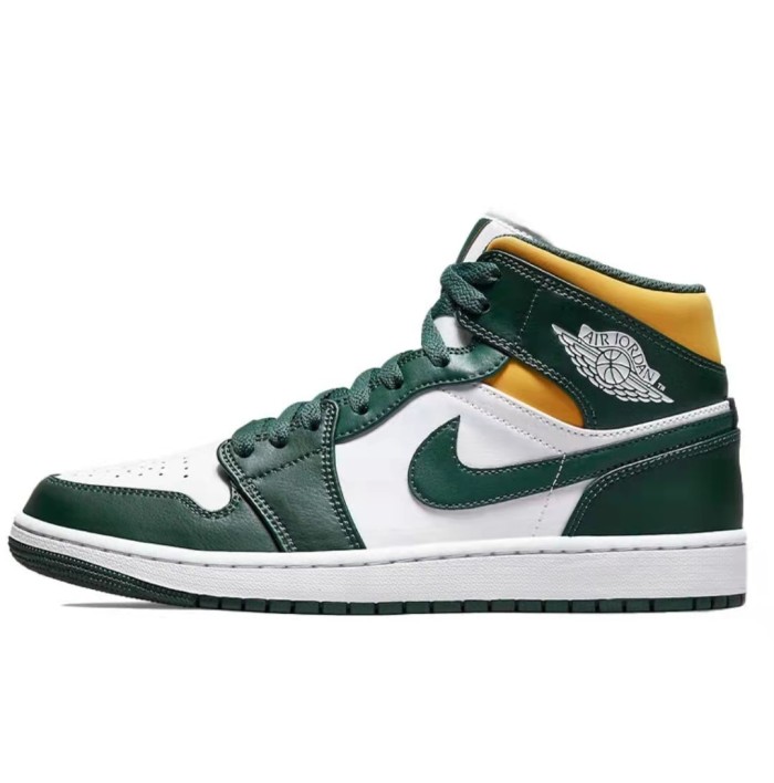 Air Jordan1Mid Retro Basketball Shoes White Green Yellow Seattle SuperSonics