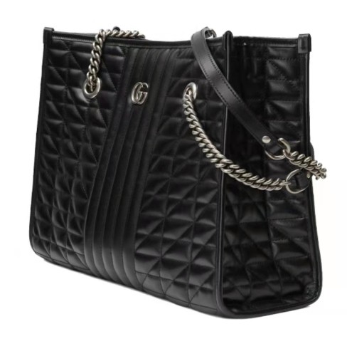 GUCCI Marmont Marmont Silver Logo Vertical Striped Twill Quilted Leather Large Capacity Tote