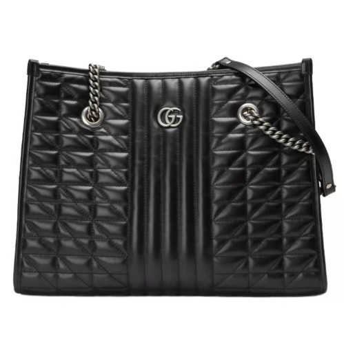 GUCCI Marmont Marmont Silver Logo Vertical Striped Twill Quilted Leather Large Capacity Tote