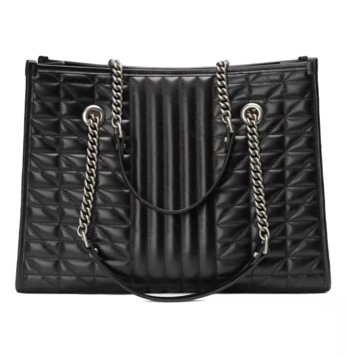 GUCCI Marmont Marmont Silver Logo Vertical Striped Twill Quilted Leather Large Capacity Tote