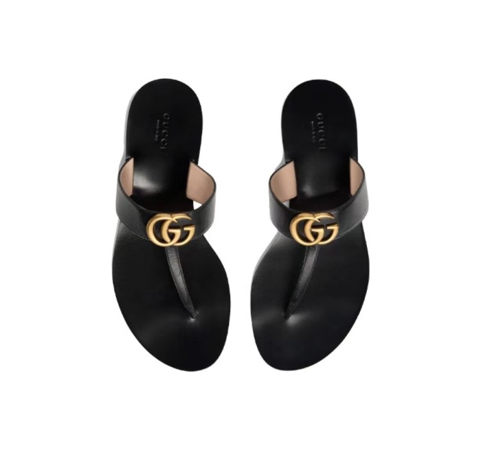GUCCI Leather Double G Leather Slippers Women's Black