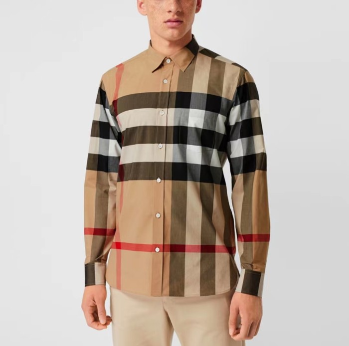 Burberry Classic Vintage Check Cotton Colorblock Casual Long Sleeve Shirt Men's Camel