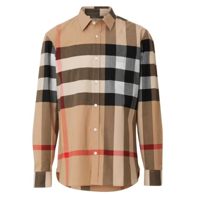 Burberry Classic Vintage Check Cotton Colorblock Casual Long Sleeve Shirt Men's Camel