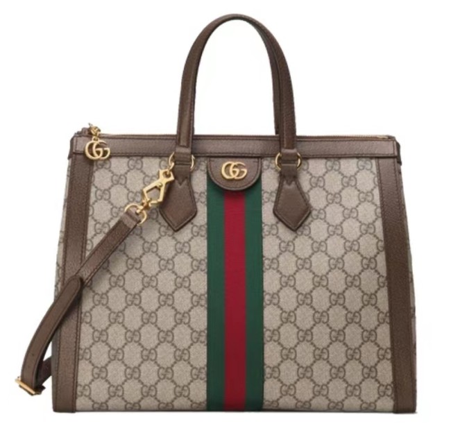 Gucci Ophidia Old Flower Logo Striped Webbing Canvas and Leather Tote Bag Shoulder Crossbody Handbag Medium Unisex