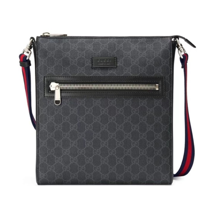 GUCCI Gucci old flower logo leather logo striped webbing shoulder strap canvas and leather messenger bag one shoulder crossbody bag