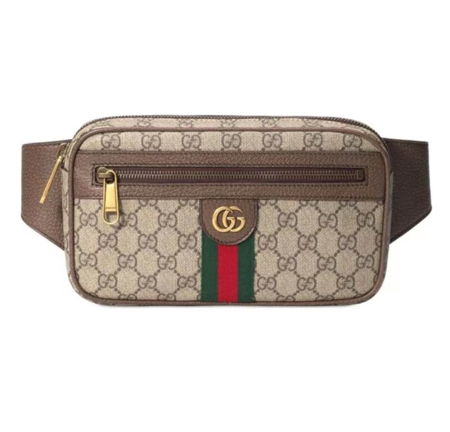GUCCI Gucci Ophidia Old Flower Logo Red and Green Striped Webbing Canvas Leather Belt Bag Chest Bag Shoulder Messenger Bag Men and Women Same Style Ebony/Brown