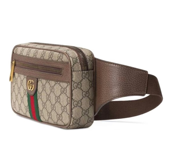 GUCCI Gucci Ophidia Old Flower Logo Red and Green Striped Webbing Canvas Leather Belt Bag Chest Bag Shoulder Messenger Bag Men and Women Same Style Ebony/Brown