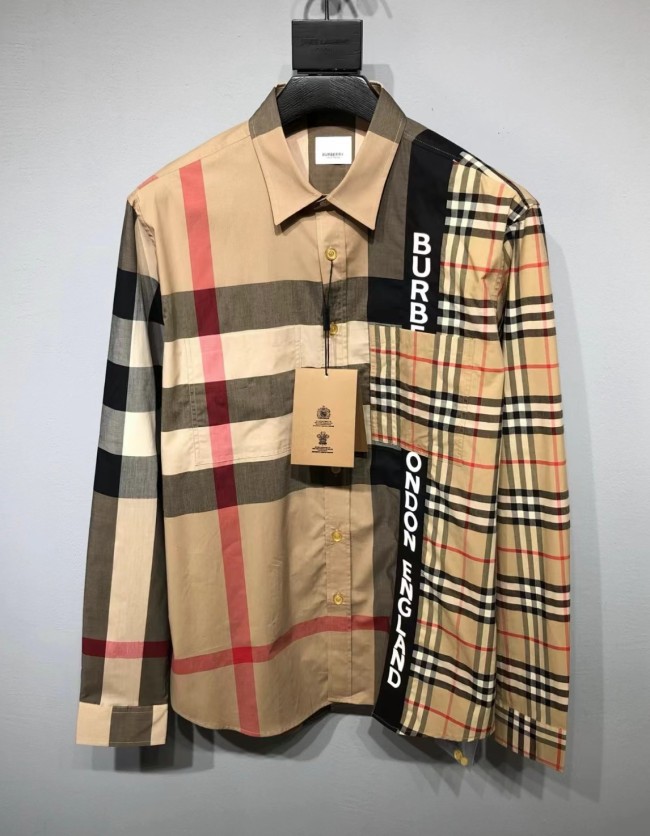Burberry Classic Vintage Check Cotton Colorblock Casual Long Sleeve Shirt Men's Camel
