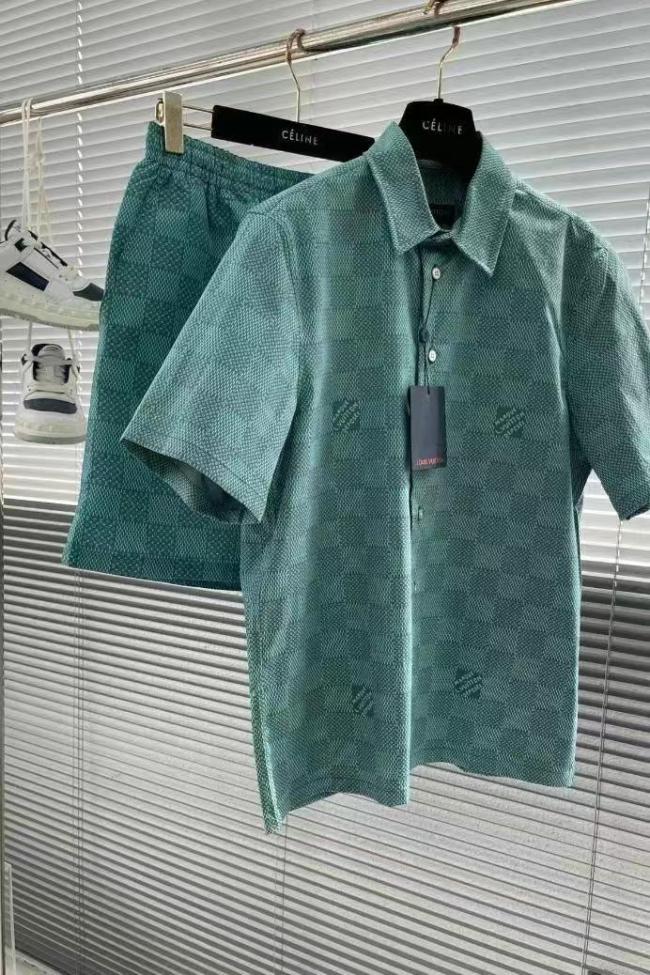 LV checkerboard short-sleeved shirt and shorts, men's, Green