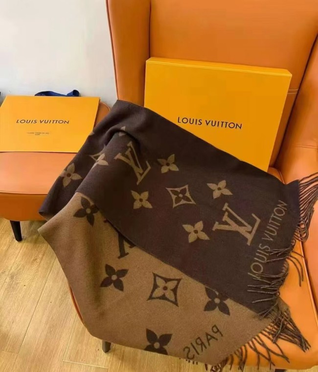 LOUIS VUITTON Large Print Logo Fringe Cashmere Wool Scarf Unisex Brown