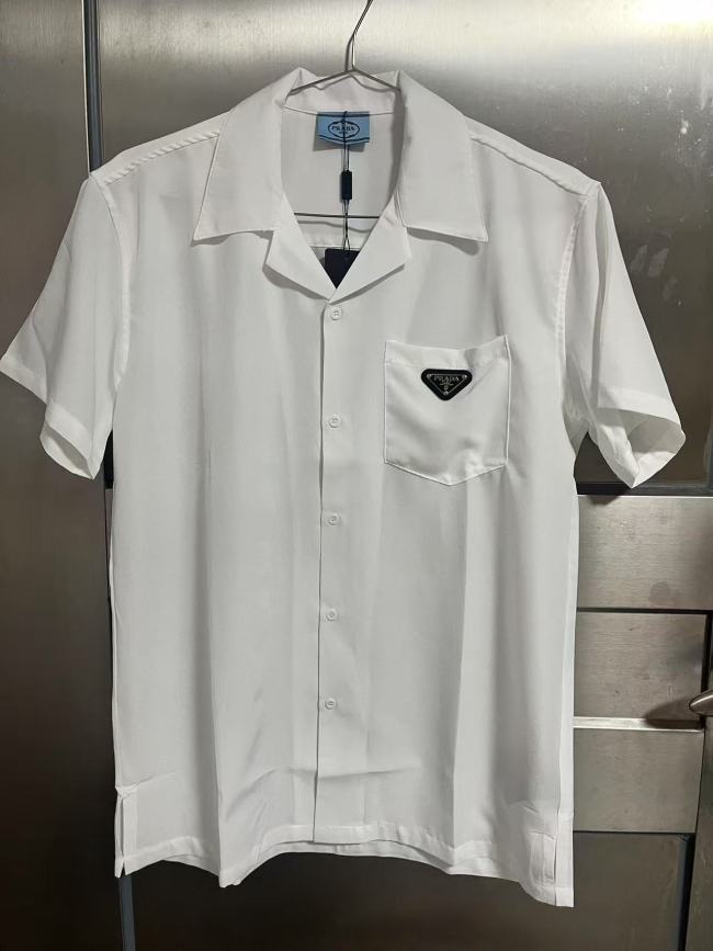 PRADA Prada SS24 solid color logo badge single button short sleeve shirt men's white