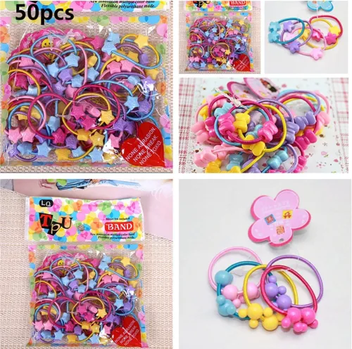 50pcs Small Cartoon Bears Flowers Rabbit Star Child Baby Kids Ponytail Holders Hair Accessories For Girl Rubber Band Tie Gum