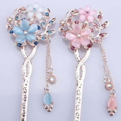 1PCS Cat Eye Stone Hair Pin Double Flower Hair Clip Classical Hairpin Barrette Hair Accessories national wind headweard