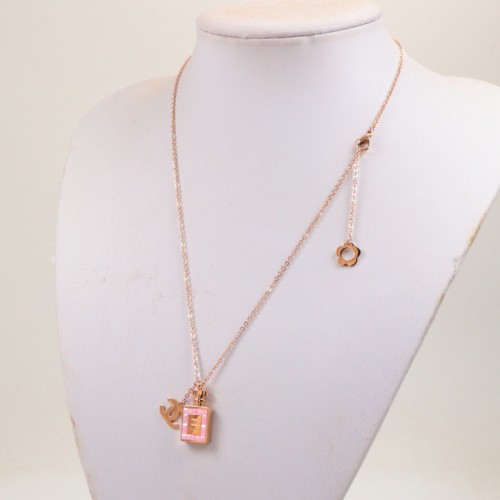 CHN66  18K Titanium Plated Steel Diamond Color Gold Couple Pink Diamond Perfume Bottle Necklace