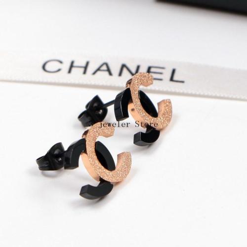 CHE34  18K Titanium Steel Frosted Color Gold Double C Letter Double Color Couple Earrings