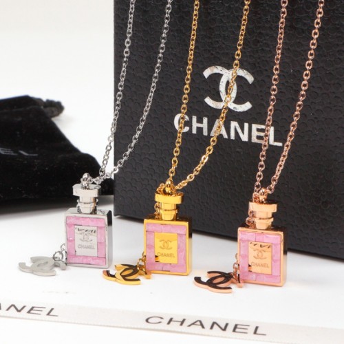 CHN66  18K Titanium Plated Steel Diamond Color Gold Couple Pink Diamond Perfume Bottle Necklace