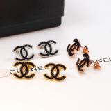 CHE118  18K Titanium Steel Color Gold Couple Double C Letter Black Diamond Stud Earrings