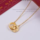 CAN8   18K Titanium Steel Color Gold Letter Double Ring Full Rhinestone Pendant Couple Necklace