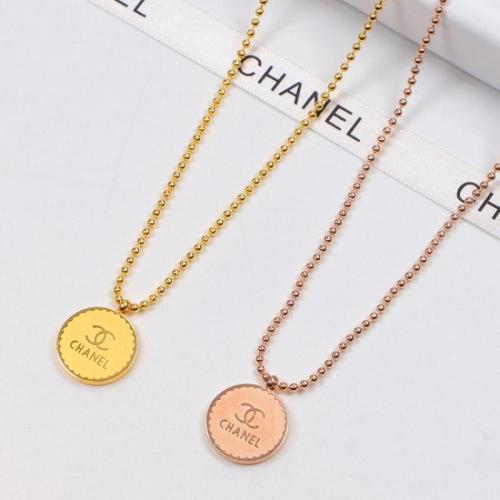 CHN75 18K Titanium Steel Color Gold Round Bead Chain Pendant Couple Necklace