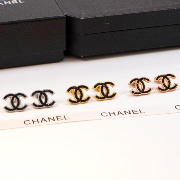 CHE118  18K Titanium Steel Color Gold Couple Double C Letter Black Diamond Stud Earrings
