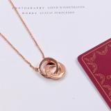 CAN8   18K Titanium Steel Color Gold Letter Double Ring Full Rhinestone Pendant Couple Necklace