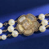 CHN50 Fashion classic double C letter metallic camellia flower triple chain pearl short collarbone necklace