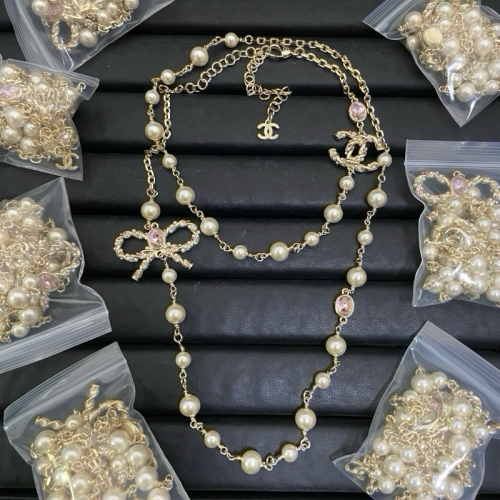 CHN118  Women's Bow Double C Pearl Sweater Chain Jewelry