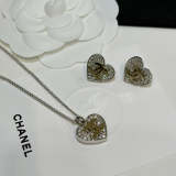 CHN109  Women's 26P Full Diamond Love Double C Earrings Necklace Set Jewelr