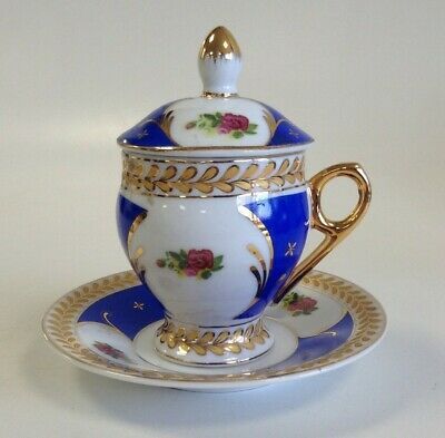 LG Limoges Porcelain Lidded Cup + Saucer Gold Gilt Blue + White Floral #793