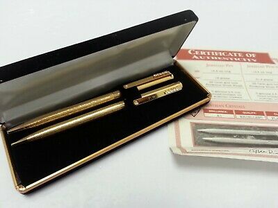 22 Carat Gold Tone Florentine Brush Finish Pen & Pencil Set w/ Box & Certificate